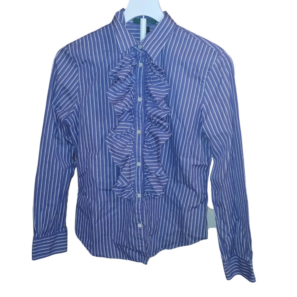 Lauren Ralph Lauren Dark Lavender Striped Ruffle Front Button Down Shirt M